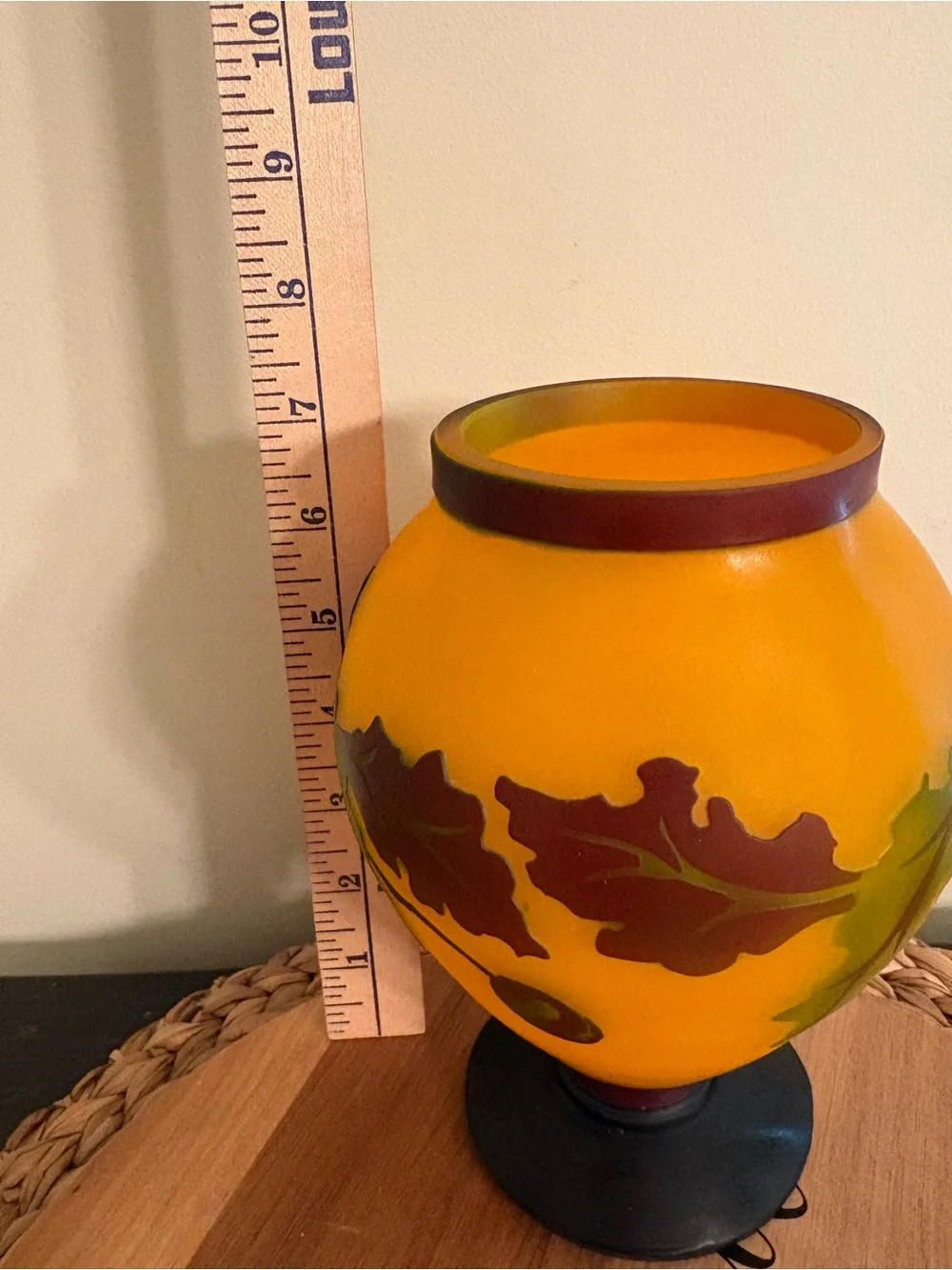 Hand-Painted Amber Glass Vase with Oak Leaf Motif